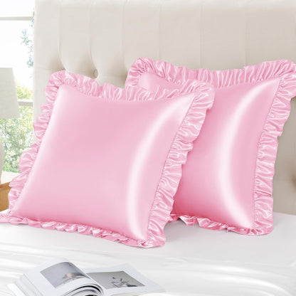 Pink Ruffle Pillow Shams Set of 2, 18 x 18 Inch Satin Ruffle Pillow Covers for Hair and Skin, Silky Pillowcase with Envelope Closure, Anti Wrinkle Ruffled Pillowcase for Sofa, Bed