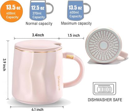 Flat Bottom Coffee Mug for Mug Warmer – 13.5 oz Ceramic Cup with Lid & Gold Trim, Tea Mug for Office Desk, Heater Compatible Gift for Women – Matte Pink