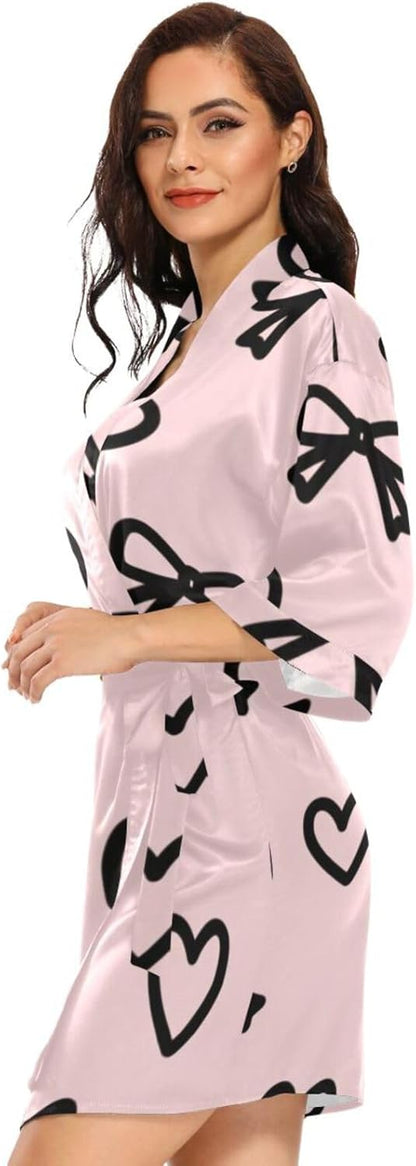 Pink Bow Heart Woman's Bathrobes with Pockets Summer Robe after Shower