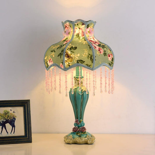 Floral Victorian Lamp Green Fabric Table Lamp European Pastoral Night Stand Lamp Romantic 1 Light Cute Pink Flower Desk Light Vintage Cloth Lace Lampshade with Beaded
