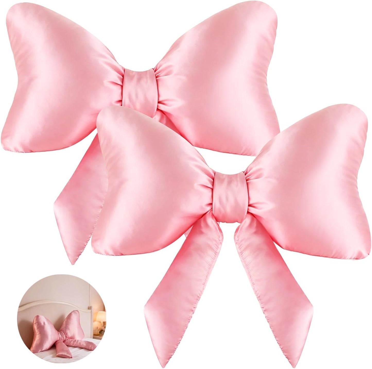 Homaisson 2 Pcs Pink Bow Throw Pillow Set, 23.6 x 13.8 in Decorative Bow Pillows, Big Bow Pillow, Satin Bow Shaped Pillow, Soft Decorative Pillows for Sofa, Bed