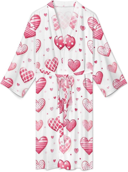 Bright Pink Heart Print Robes for Men Women, Soft Bathrobe Long Men Womens Robes Lightweight Cozy Bath Robe