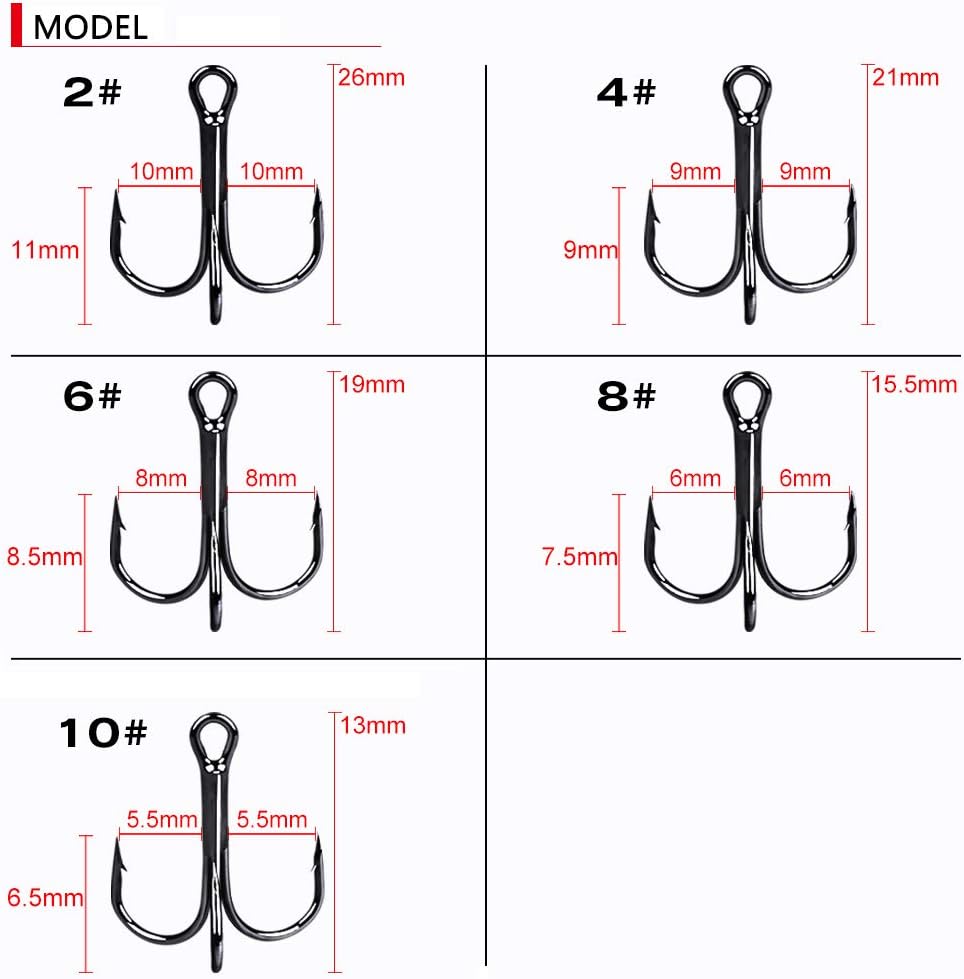 AMHDV Feather Fishing Hooks Strong Treble Hooks Size 2 4 6 8 10 (Pack of 20)