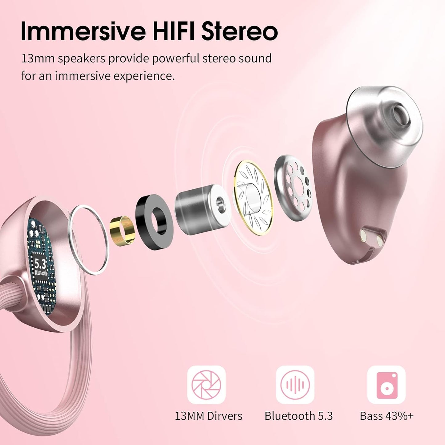 Wireless Earbuds for Small Ear, HiFi Stereo Sport Bluetooth 5.3 Headphones with Earhooks, 48H Deep Bass Running Ear Buds with LED Display, Noise Cancelling, IP7 Waterproof Built-in Mic for iOS Android