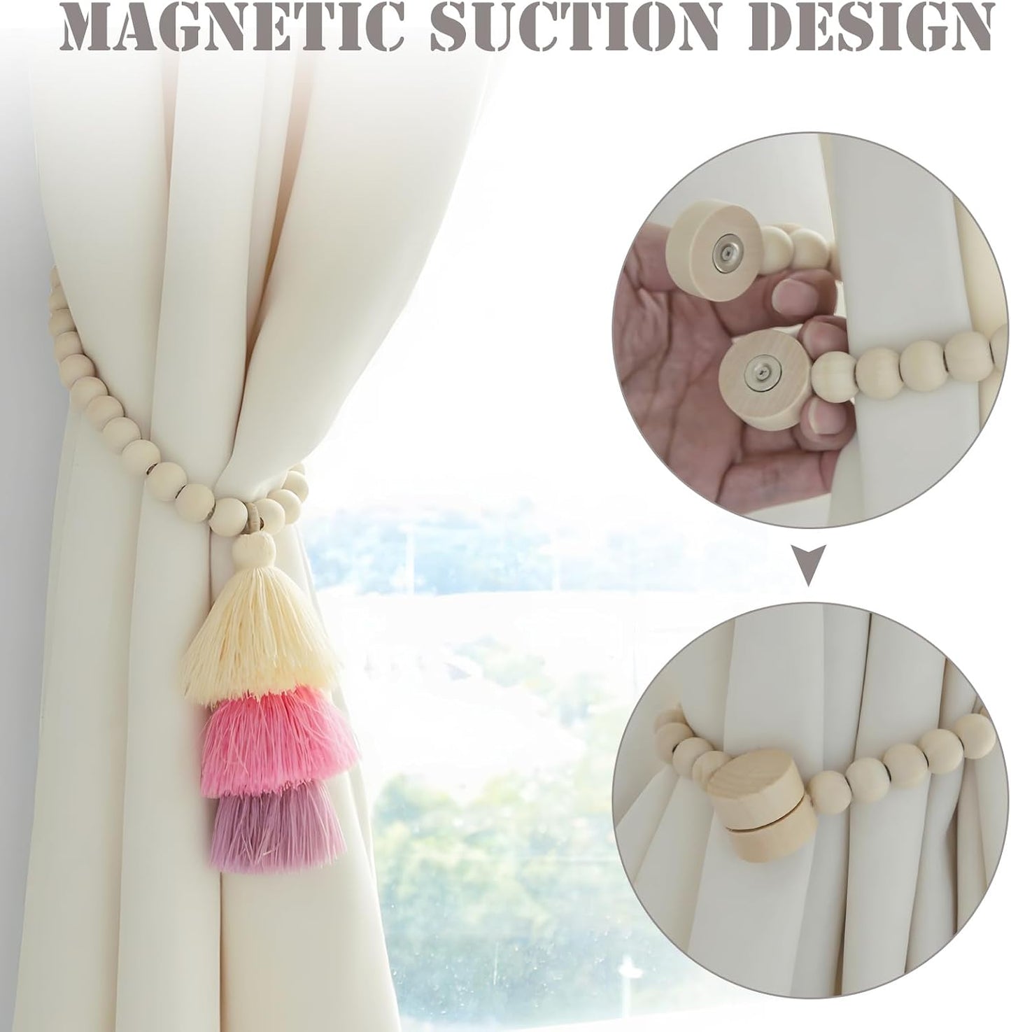 Magnetic Curtain Tiebacks,Wood Beads,2Pcs Boho Ties with Triple Tassel,Pink | No drill, smooth wood bead, strong magnetic closure, keep curtains firmly in place, for bedroom,living room,nursery