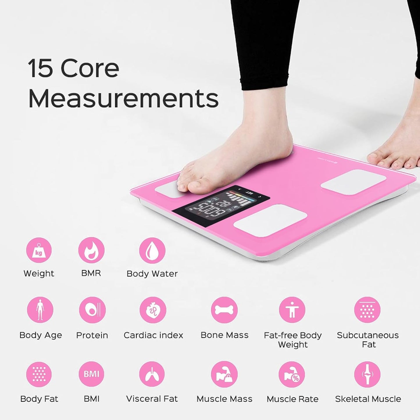 FITDAYS Smart Body Fat Scale, Bluetooth Composition Analyzer, 400lbs (Pink, 11"/280mm)