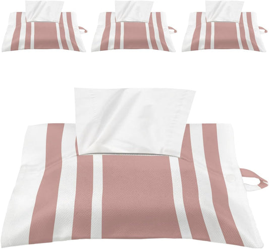 Tissues Box Cover Geometric Pattern Tissue Holder with Hanging Linen Organizer Dispenser Pink Stripe Tissues Box Covers Rectangle for Bathroom Toilet Car Office Kitchen Tabletop Decor 4 PCS