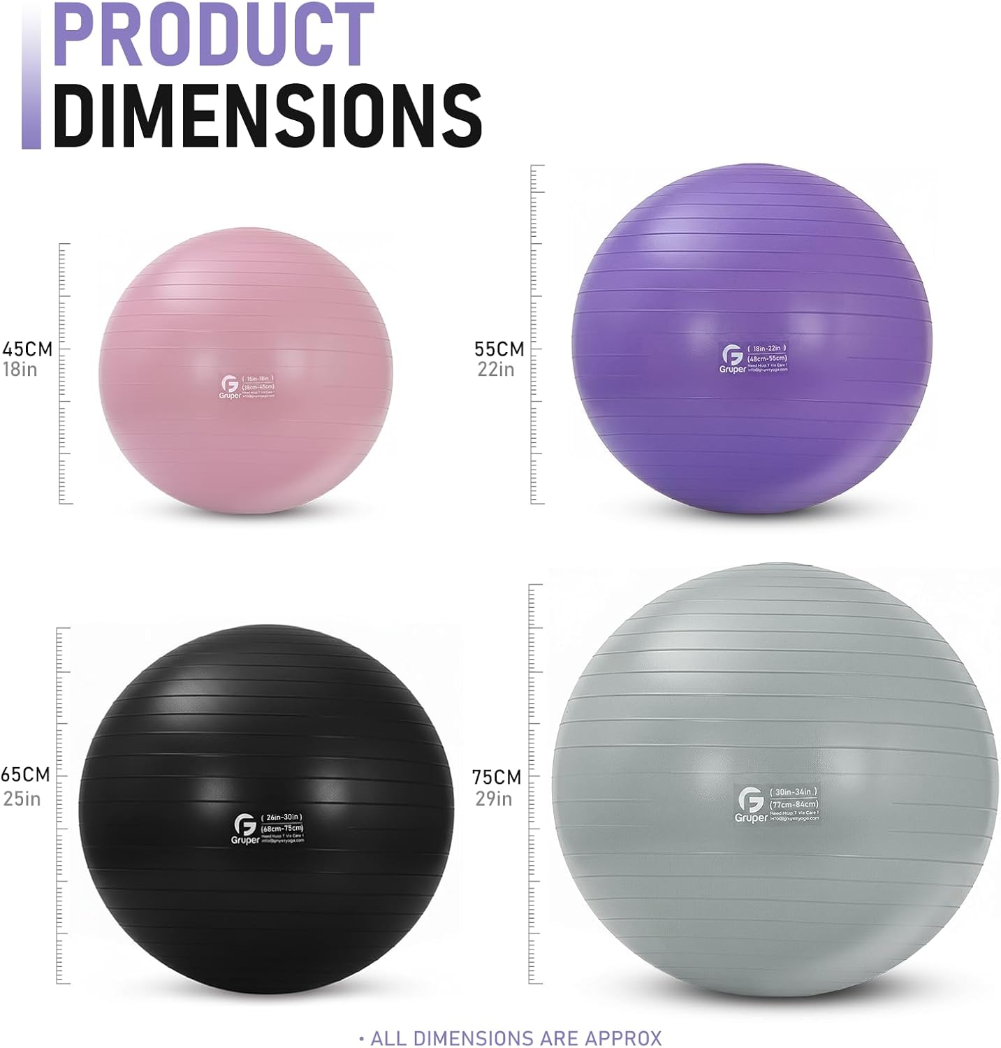 Gruper Exercise Ball, Extra Thick Yoga Ball for Working Out, Yoga & Pregnancy, 4 Sizes Anti-Burst Balance Ball with Foot Pump for Pilates, Physical Therapy & Fitness