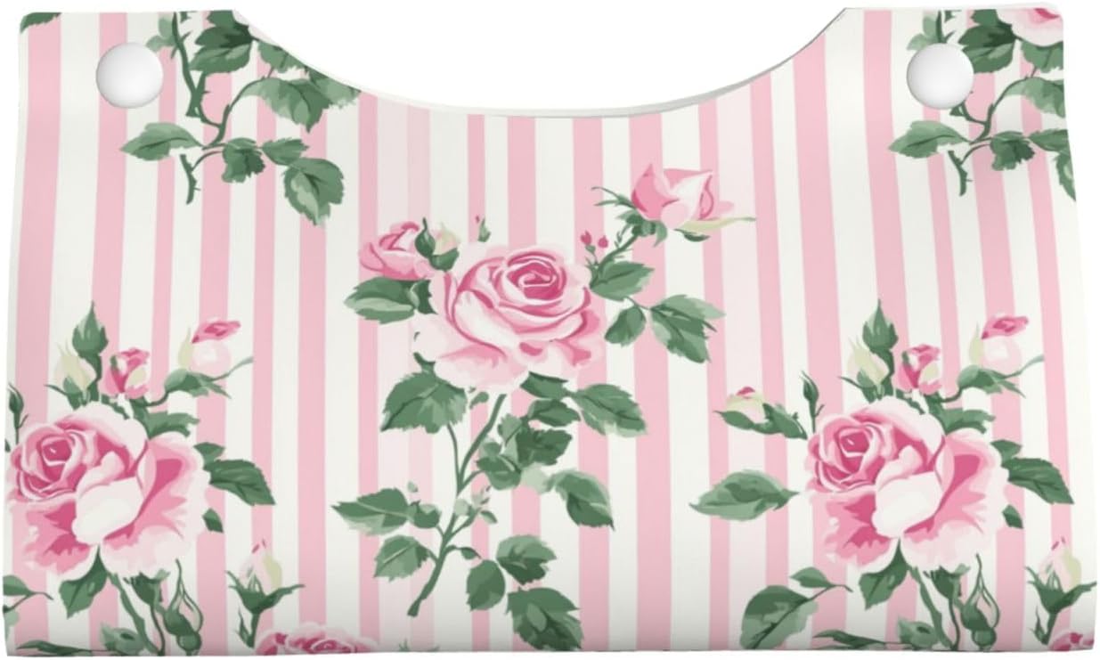 Pink Striped Rose Pattern Tissue Box Cover Rectangle Pu Leather Tissue Box Holder for Car Bathroom Bedroom Desk Tabletop Decor