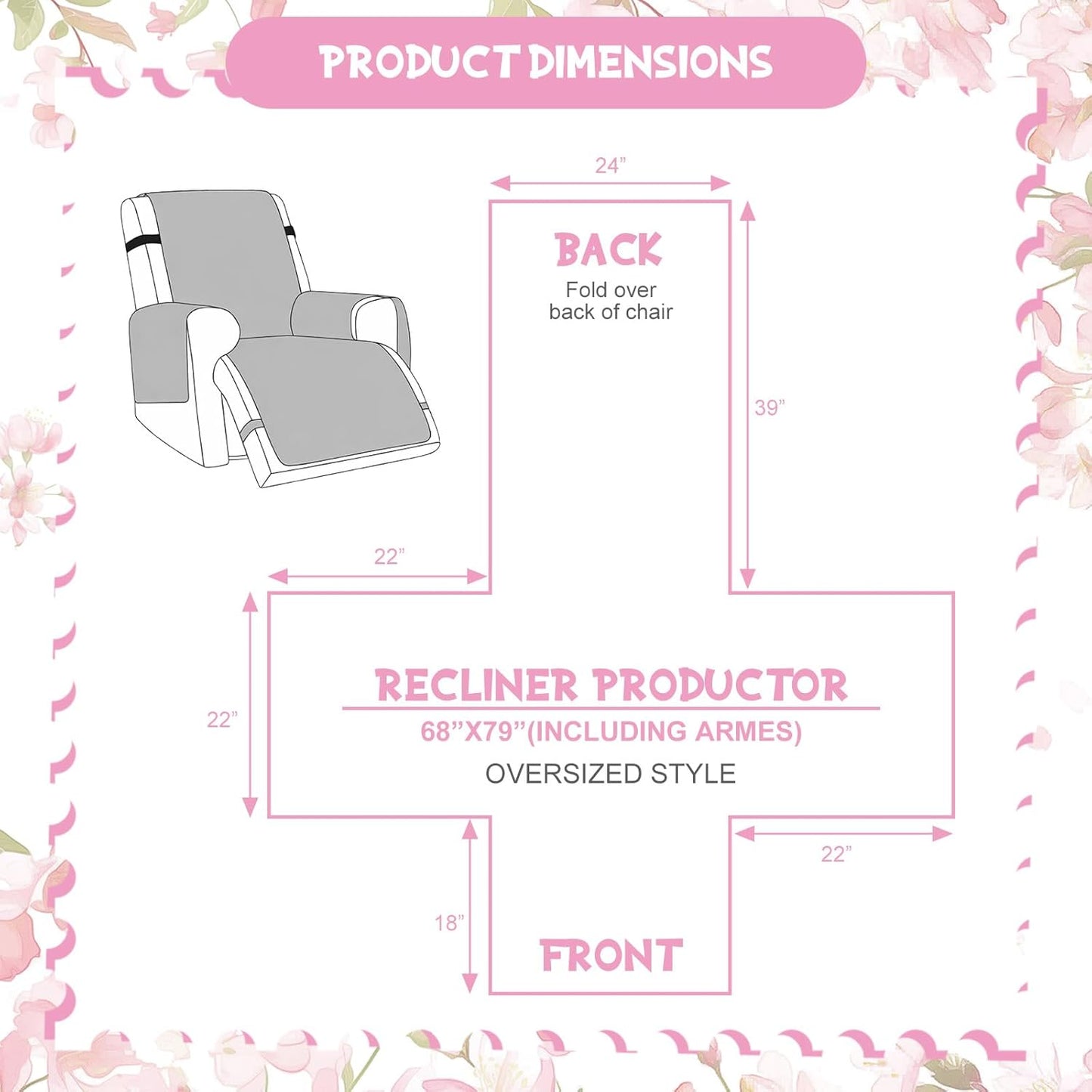 Pink Patchwork Recliner Chair Cover Pink Flower Patchwork Quilted Recliner Slipcover Flower Washable Reclining Chair Cover for Adults Pets Dogs