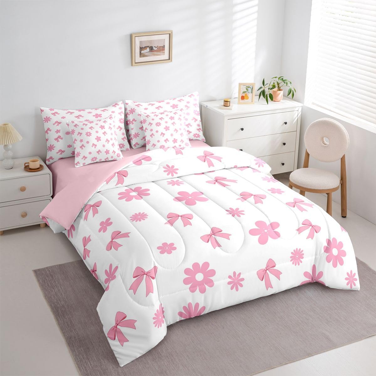 Feelyou Cute Bow Twin Comforter Set with Sheets for Kids Boys Girls Kawaii Flower Floral 7 Pieces Bedding Set Pink Bed in a Bag Room Decor Soft Lightweight Microfiber