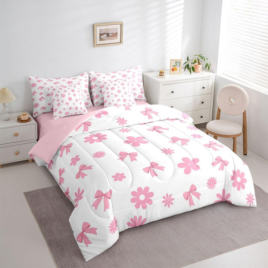 Feelyou Cute Bow Twin Comforter Set with Sheets for Kids Boys Girls Kawaii Flower Floral 7 Pieces Bedding Set Pink Bed in a Bag Room Decor Soft Lightweight Microfiber