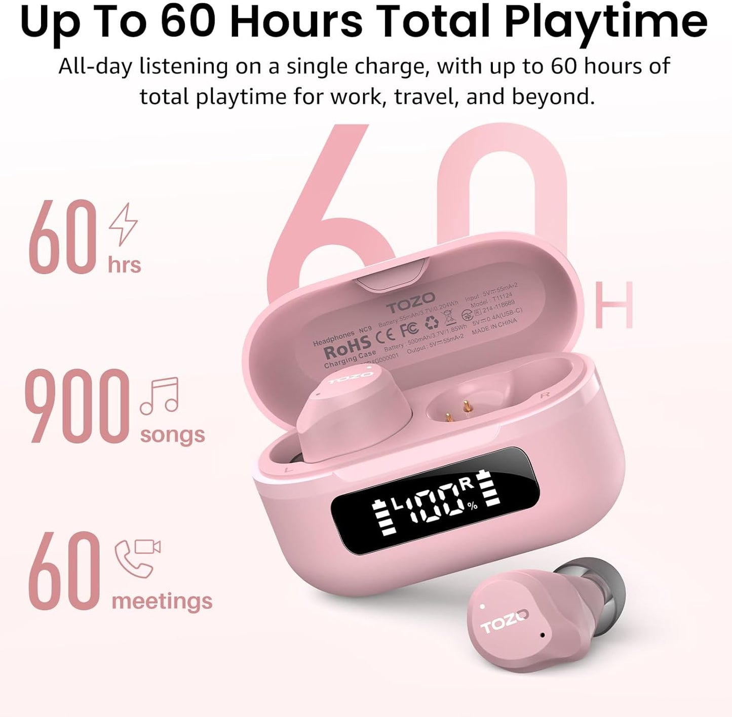 TOZO NC9 Hybrid Active Noise Cancelling Wireless Earbuds, 6 Mics ENC Clear Call, IPX8 Waterproof, in Ear Bluetooth 5.3 Headphones Stereo Bass Ear Buds 60H Playtime with LED Display 32 EQs via APP