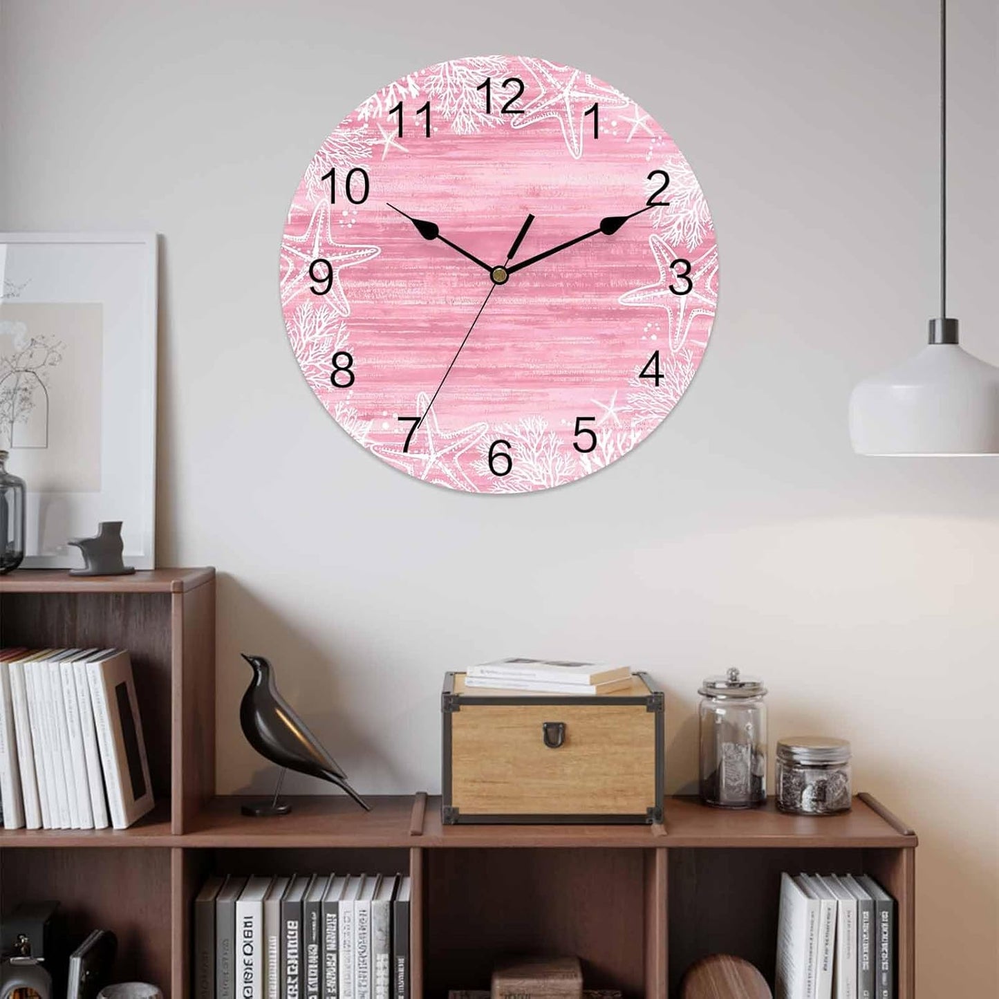 Wall Clock Pink Coral Starfish Clocks PVC Silent Non-Ticking Battery Operated Decorative Summer Ocean Beach Shell Round Clock for Home Living Room Kitchen Bedroom Office School Wall Decor 10 Inch