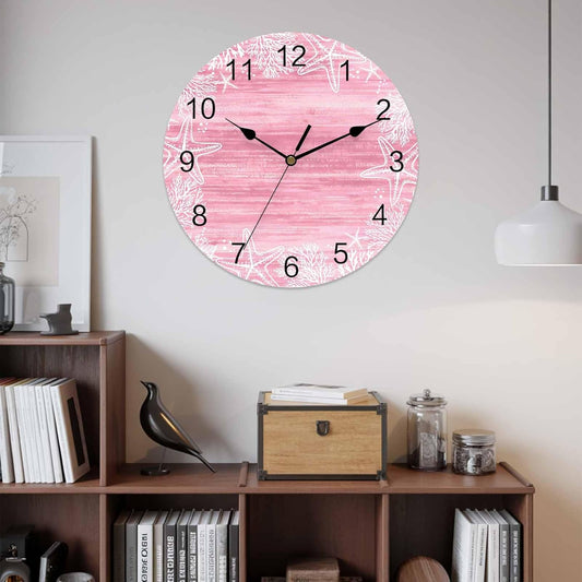 Wall Clock Pink Coral Starfish Clocks PVC Silent Non-Ticking Battery Operated Decorative Summer Ocean Beach Shell Round Clock for Home Living Room Kitchen Bedroom Office School Wall Decor 10 Inch