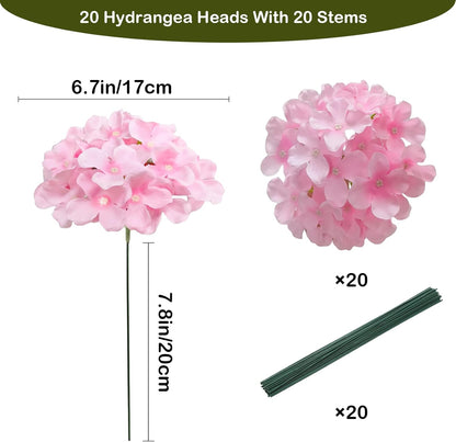 20 Pcs Pink Hydrangea Artificial Flowers Bulk, Faux Hydrangea Flowers Heads, Artificial Fake Silk Hydrangea Flowers with Stems, Pink Flowers Artificial for Decoration Wedding Décor