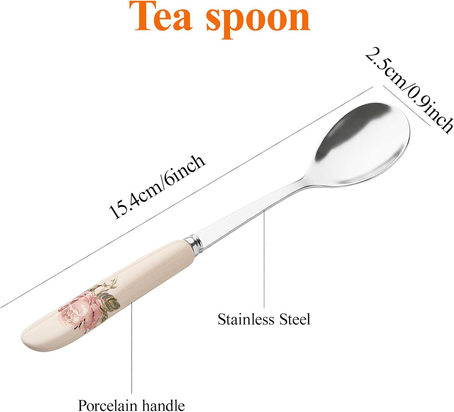 YOLIFE 6 Pcs Pink Rose Teaspoons, 6 Inches Stainless Steel with Ceramic Handle Tea Spoons, Small Ivory Vintage Coffee Spoons for Dessert, Sugar, Tea Party