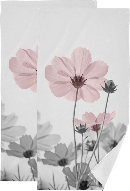 2 Pack Pink and Grey Floral Hand Towels for Bathroom,Absorbent Fingertip Guest Chic Flower Daisy Decorative Bath Towels,Soft Vintage Blak Gray Branch Dish Towels for Kitchen Decor 14"x28"