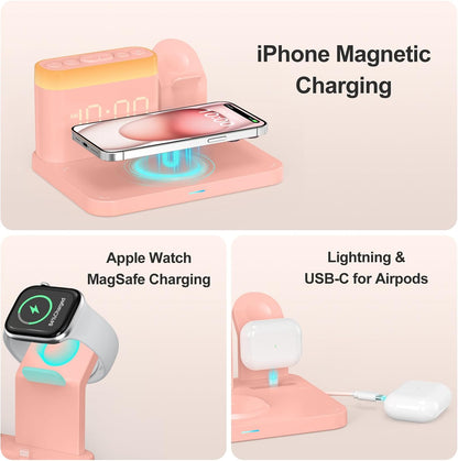 ANJANK 5 in 1 Wireless Charging Station with Alarm Clock,7 Night Light & 0-100% Dimmer,Qi Mag-Safe Charger Stand for Apple Devices - for iPhone 17 16 15 14 13 12 Pro Max Plus Air,Apple Watch,Airpods