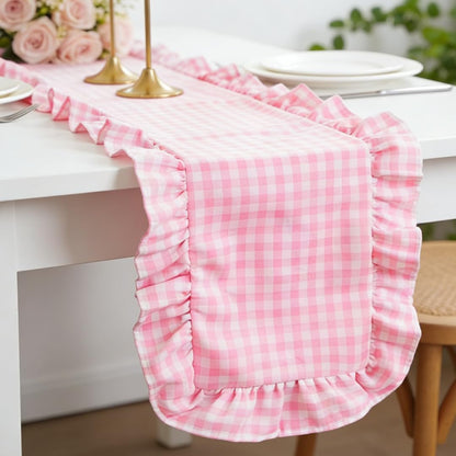 AnyDesign Pink Plaid Gingham Ruffle Table Runner 13.8 x 72 Inch Farmhouse Table Cover Cotton Scallop Edge Decor for Birthday Wedding Kitchen Rustic Home Table Decor