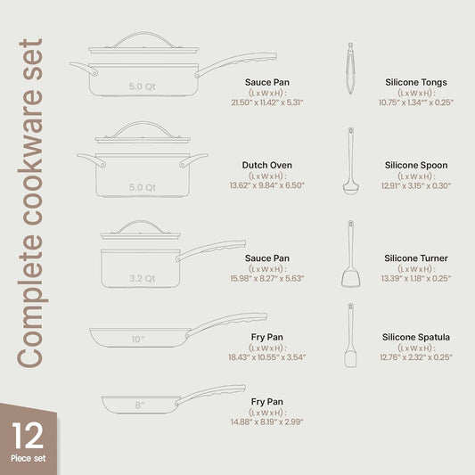 Bakken 12-Piece Ceramic Cookware Set, Nonstick Pots and Pans Set, Non-Toxic PTFE & PFAS-Free Cookware with Silicone Utensils, Induction & All Stovetops Compatible, Dishwasher Safe, Pink