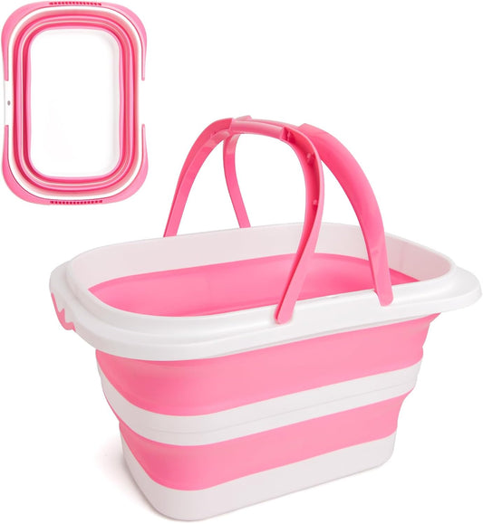 Collapsible Mop Bucket 4.2 Gallon(16L), Space-Saving Foldable Cleaning Bucket with Handle & Hanging Hole for Home, Swimming Pool, Camping, Car Wash & Outdoor (Pink White)
