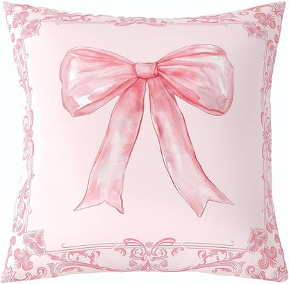 Manfei Bowknot Kids Throw Pillow Cover Retro Victorian Damask Flowers Pillowcase Soft Square Cushion Case Dreamy Ribbon Bow Double Sides Pillow Case Light Pink Couch Sofa Cushion Cover,1 Pack 16"x16"