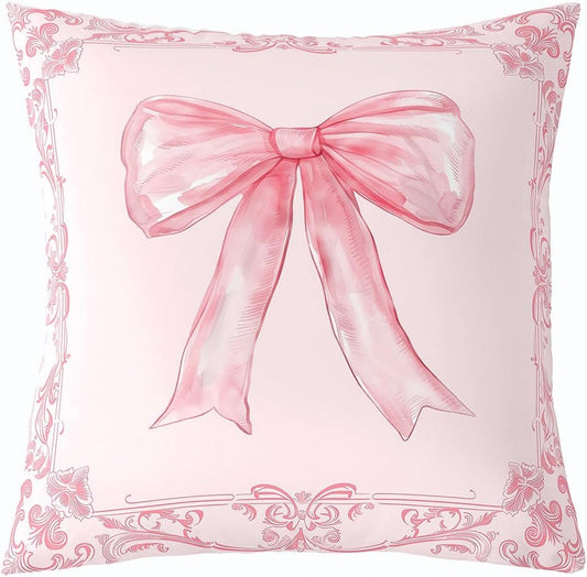 Manfei Bowknot Kids Throw Pillow Cover Retro Victorian Damask Flowers Pillowcase Soft Square Cushion Case Dreamy Ribbon Bow Double Sides Pillow Case Light Pink Couch Sofa Cushion Cover,1 Pack 16"x16"