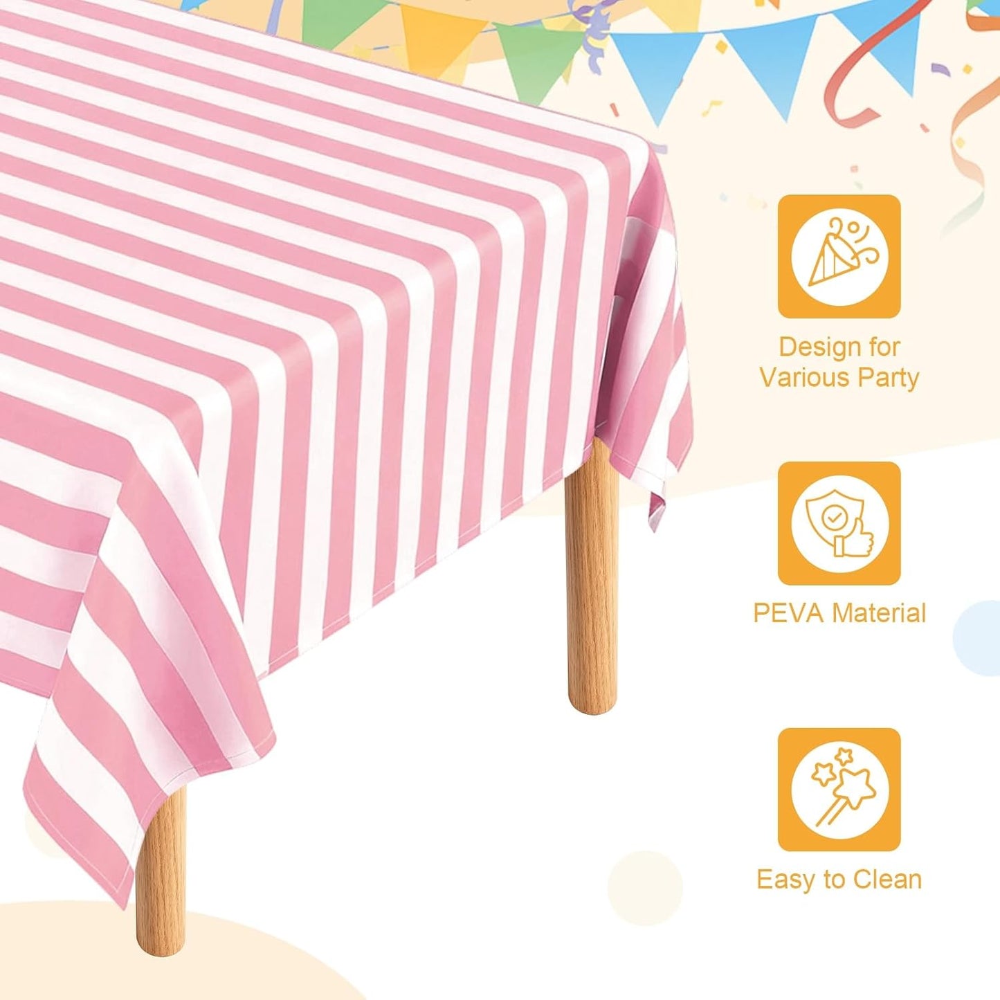 uxcell 3Packs Pink and White Striped Table Cloths 54 x 108 Inches Rectangle Plastic Tablecloth Waterproof Table Cover for Dining Birthday Party Kitchens Picnic
