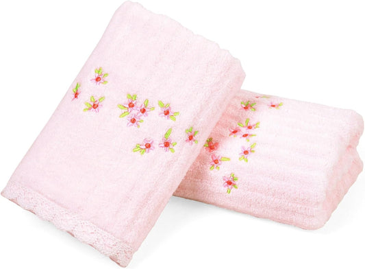 Jacquotha Pink Hand Towels for Bathroom – Soft Cotton, 13x29 Inches, Embroidered Flowers, 2 Pack Decorative Towels Farmhouse Vintage Decor