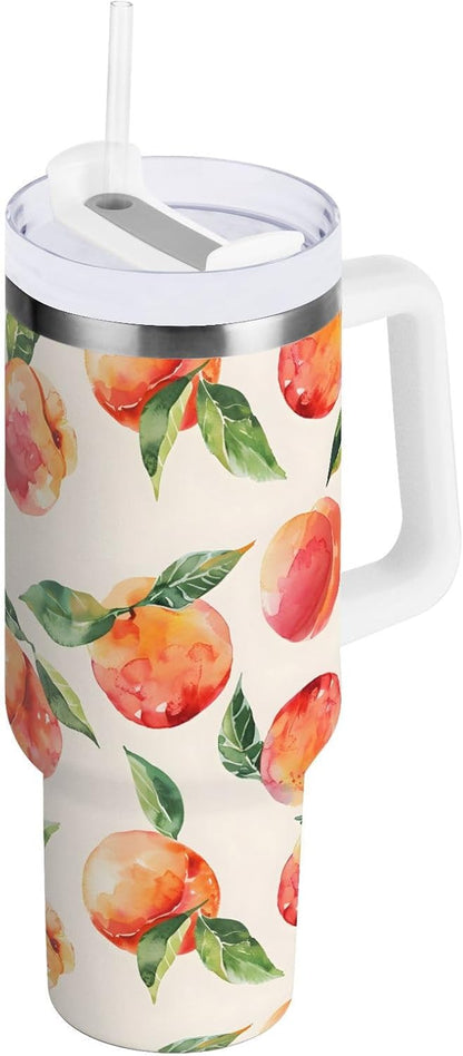 ALAZA Peach Watercolor Fruit Tumbler with Handle and Straw Lid Vacuum Insulated Cup Stainless Steel 30 oz