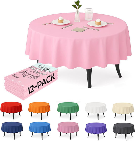 12-Pack Light Pink Plastic Tablecloths – 84 Inch Round Disposable Table Covers, Heavy Duty & Waterproof for Parties, Events, Banquets, Light Pink