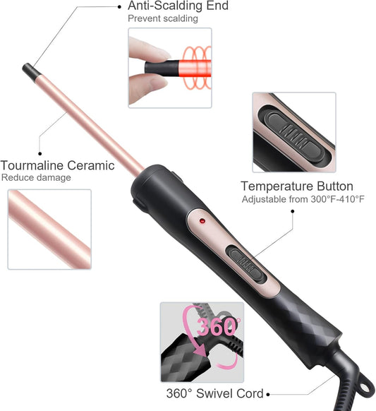 3/8 Inch Small Curling Iron Wand, 9mm Thin Curling Wand for Short & Long Hair, Ceramic Hair Curler Wand with 2 Temperature, Small Barrel Curling Iron, Include Heat Protective Glove-Rose Pink