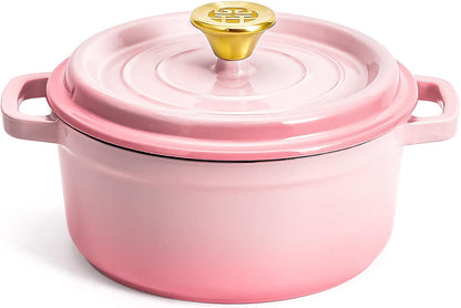 WANGYUANJI 3.3 Quart Enameled Cast Iron Dutch Oven with Lid, 8.7-Inch Heavy-Duty Casserole & Braiser Pan, Thick-Wall Construction, Silver Stainless Steel Knob, Gradient Pink, Safe for All Cooktops