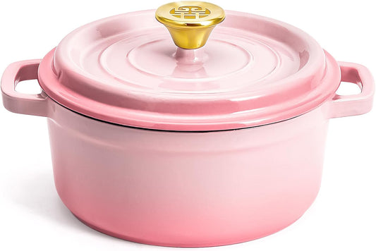 WANGYUANJI 3.3 Quart Enameled Cast Iron Dutch Oven with Lid, 8.7-Inch Heavy-Duty Casserole & Braiser Pan, Thick-Wall Construction, Silver Stainless Steel Knob, Gradient Pink, Safe for All Cooktops