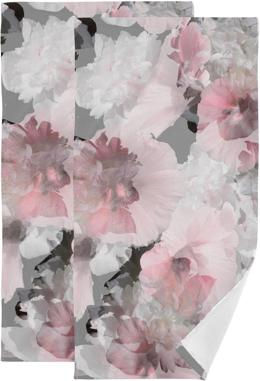 2 Pack Watercolor Pink Grey Floral Hand Towels for Bathroom,Soft Absorbent Spring Peony Blossom Gray Decorative Guest Face Bathroom Towels,Quick Dry Abstract Flower Kitchen Towels 14"x28"