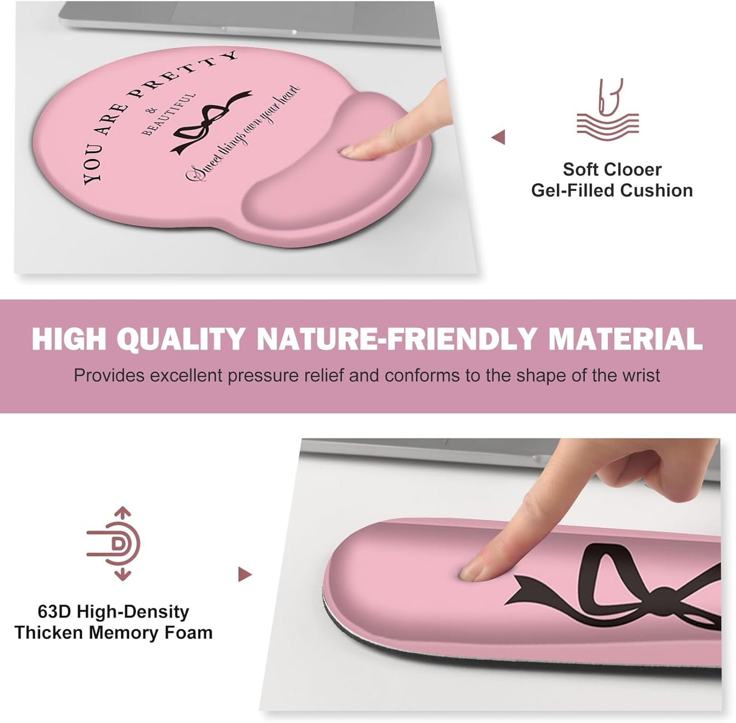 Gaming Mouse Pad, Large Desk Mat, Cute Desk Pad Protector, 4in1 XXL Mousepad + Keyboard Wrist Rest+Mouse Wrist Rest+Coaster Set with Ergonomic Desk Pad for Home Office Table Computer, Pink Pretty Bow