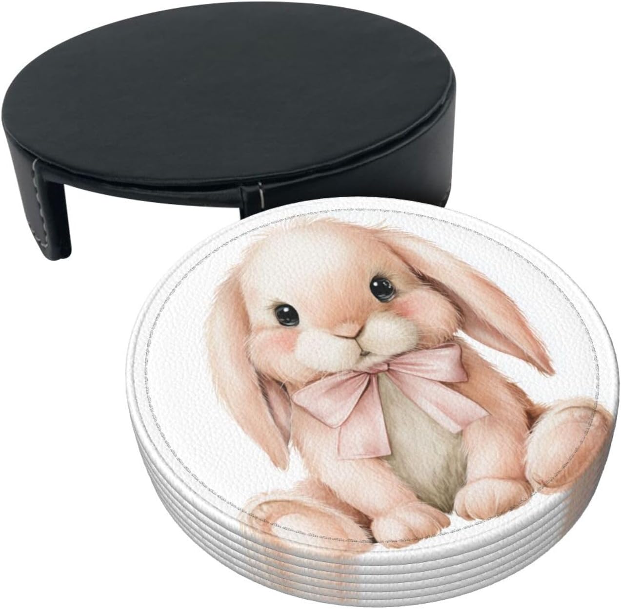 Watercolor Animal Light Pink Bunny Wearing Bow Premium Leather Coasters, Set of 6 with Holder, Stylish Beverage Coasters for Kitchen Coffee Bar