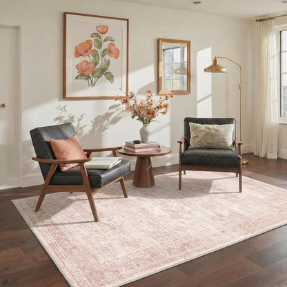 GENIMO 6x9 Area Rugs for Living Room, Machine Washable Non Slip Vintage Rugs, Low Pile Lightweight Chenille Print Rug for Bedroom, Dining Room, Home Office, Pink