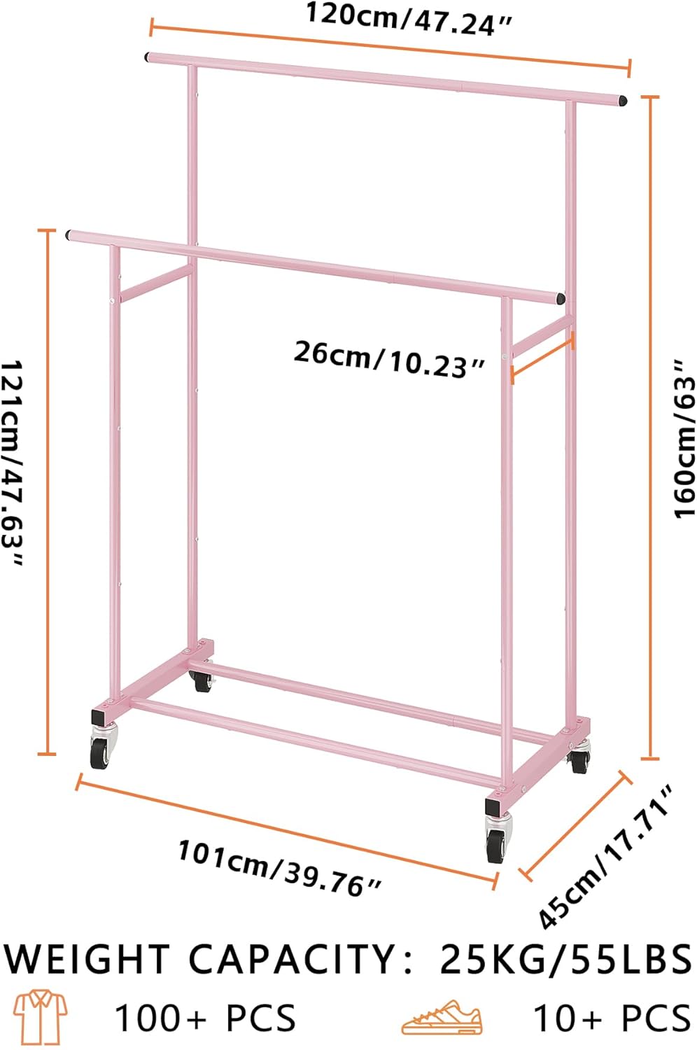 Calmootey Double Rod Clothing Garment Rack,Rolling Hanging Clothes Rack,Portable Clothes Organizer for Bedroom,Living Room,Clothing Store,Pink