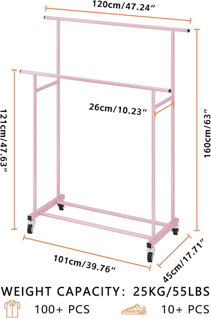 Calmootey Double Rod Clothing Garment Rack,Rolling Hanging Clothes Rack,Portable Clothes Organizer for Bedroom,Living Room,Clothing Store,Pink