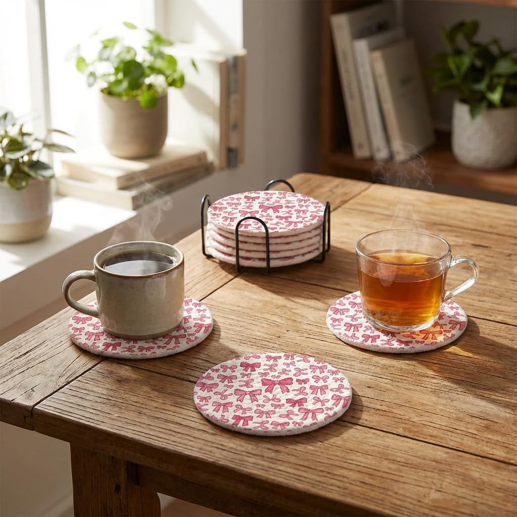 Absorbent Coasters for Drinks, Scratch-Resistant Woven Cotton Coaster Set of 6 with Holder, Pink Bow Coquette Aesthetic Decor for Coffee Table & Office Desk, Cute Kawaii Preppy Room Decor