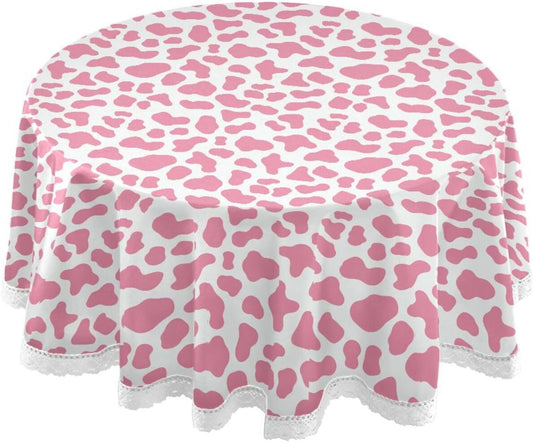 Peach Cow Pattern Circle Table Cloths Fabric 60 Inch Washable Polyester Crochet Lace, Round Table mat Protective Film for Picnic Outdoor Comedor