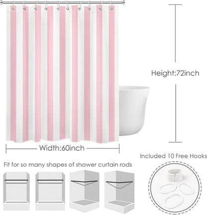 LB Pink and White Striped Fabric Shower Curtain for Bathroom with 10 Hooks, Vertical Stripe Geometric Shower Curtains for Bathroom, Modern Farmhouse Chic Style Bathroom Shower Curtains, 60x72 Inch