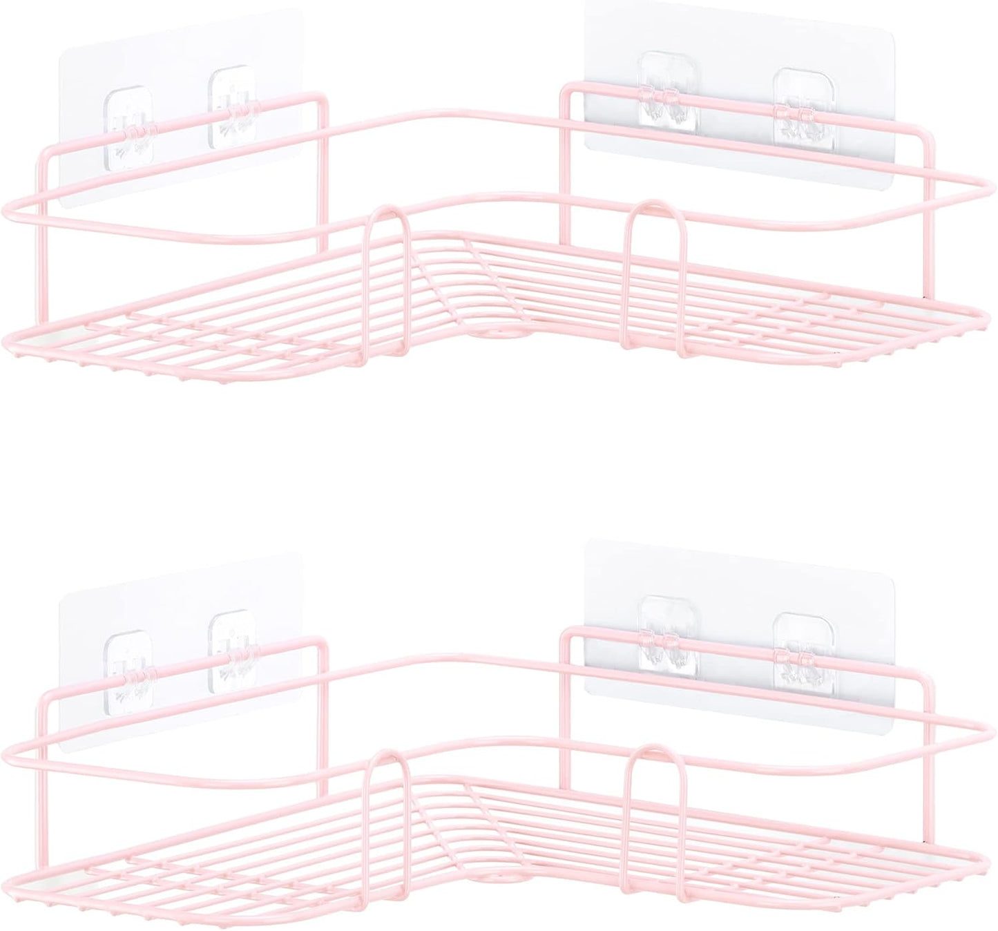 Navaris Self Adhesive Shower Caddy - Set of 2 Bathroom Organizer Shelves for Corner Wall of Bath - Toiletry Shampoo Storage Rack Holder - Pink