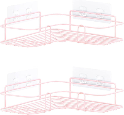 Navaris Self Adhesive Shower Caddy - Set of 2 Bathroom Organizer Shelves for Corner Wall of Bath - Toiletry Shampoo Storage Rack Holder - Pink