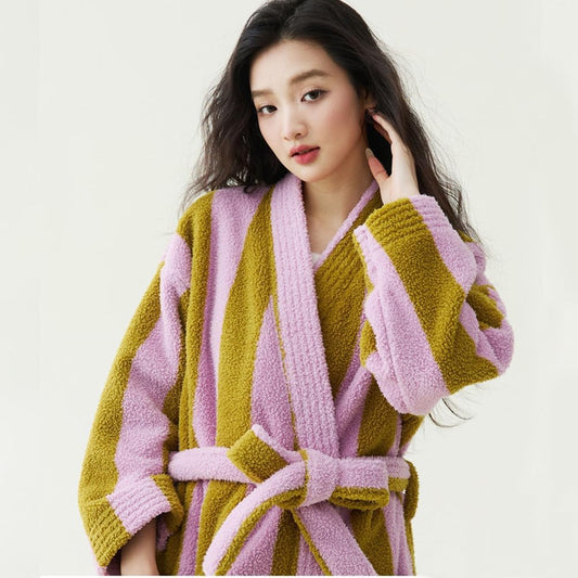 Womens Color Striped Terry Cloth Long Robe Soft Absorbent Coral Fleece Spa Bathrobe Warm Cute Plush House Coat,Pink,XL