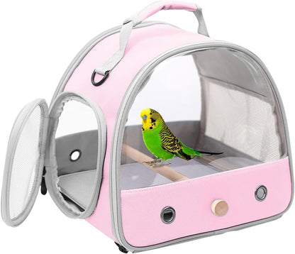 Bird Carrier, Portable Small Bird Parrot Parakeet Carrier with Standing Perch and Stainless Steel Tray, Side Access Window Collapsible (Pink, Clear Windows)
