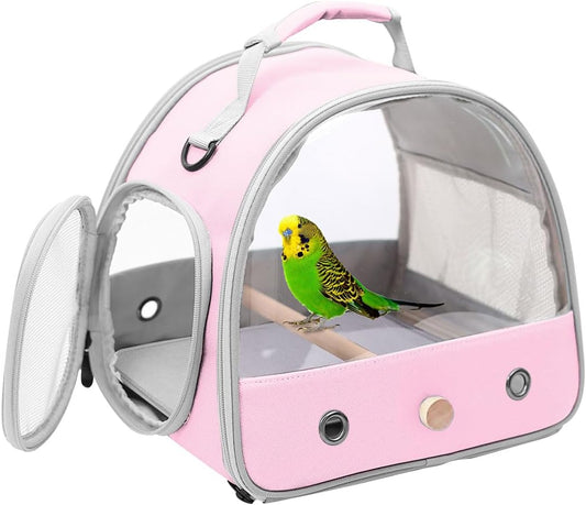 Bird Carrier, Portable Small Bird Parrot Parakeet Carrier with Standing Perch and Stainless Steel Tray, Side Access Window Collapsible (Pink, Clear Windows)