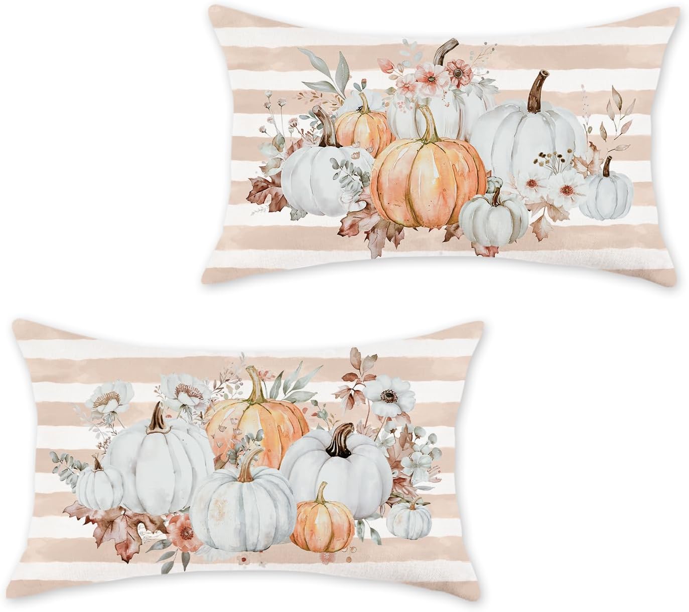 Pumpkins Floral Fall Pillow Covers 12x20 Inch Set of 2 Pink Stripe Autumn Decorative Throw Pillows Farmhouse Seasonal Thanksgiving Cushion Cases for Sofa Couch Home